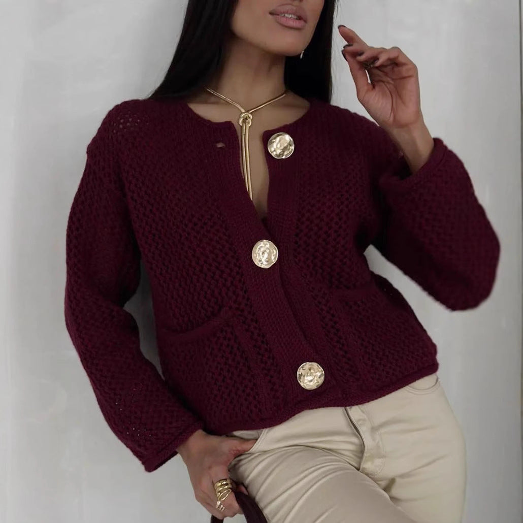 Damen luftiger Strickjacke mit dekorativem Netzdesign und praktischen Taschen R&B