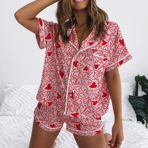 Damen Kurzarm-Pyjama-Set mit verspieltem Schleifenmuster R&B