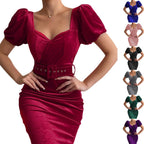Damen Figurbetontes Kleid mit Puffärmeln und Gürtel R&B