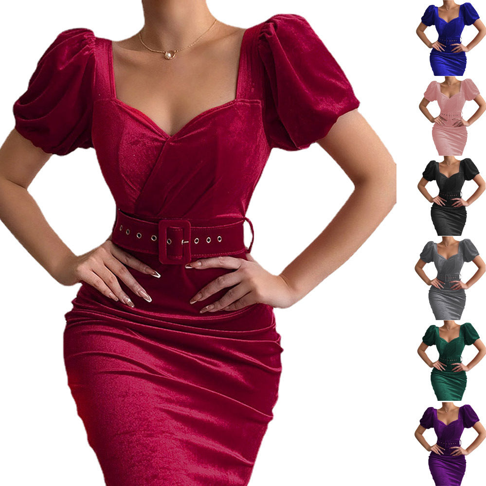 Damen Figurbetontes Kleid mit Puffärmeln und Gürtel R&B