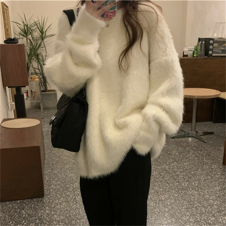 Damen Flauschiger Rundhals-Pullover mit lässigem Schnitt und oversized Passform R&B