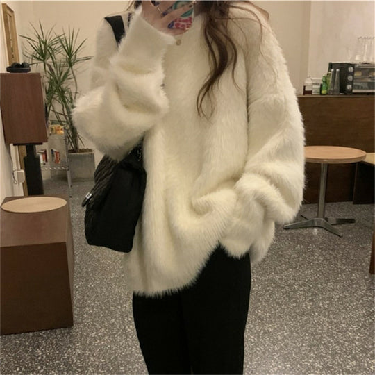 Damen Flauschiger Rundhals-Pullover mit lässigem Schnitt und oversized Passform R&B
