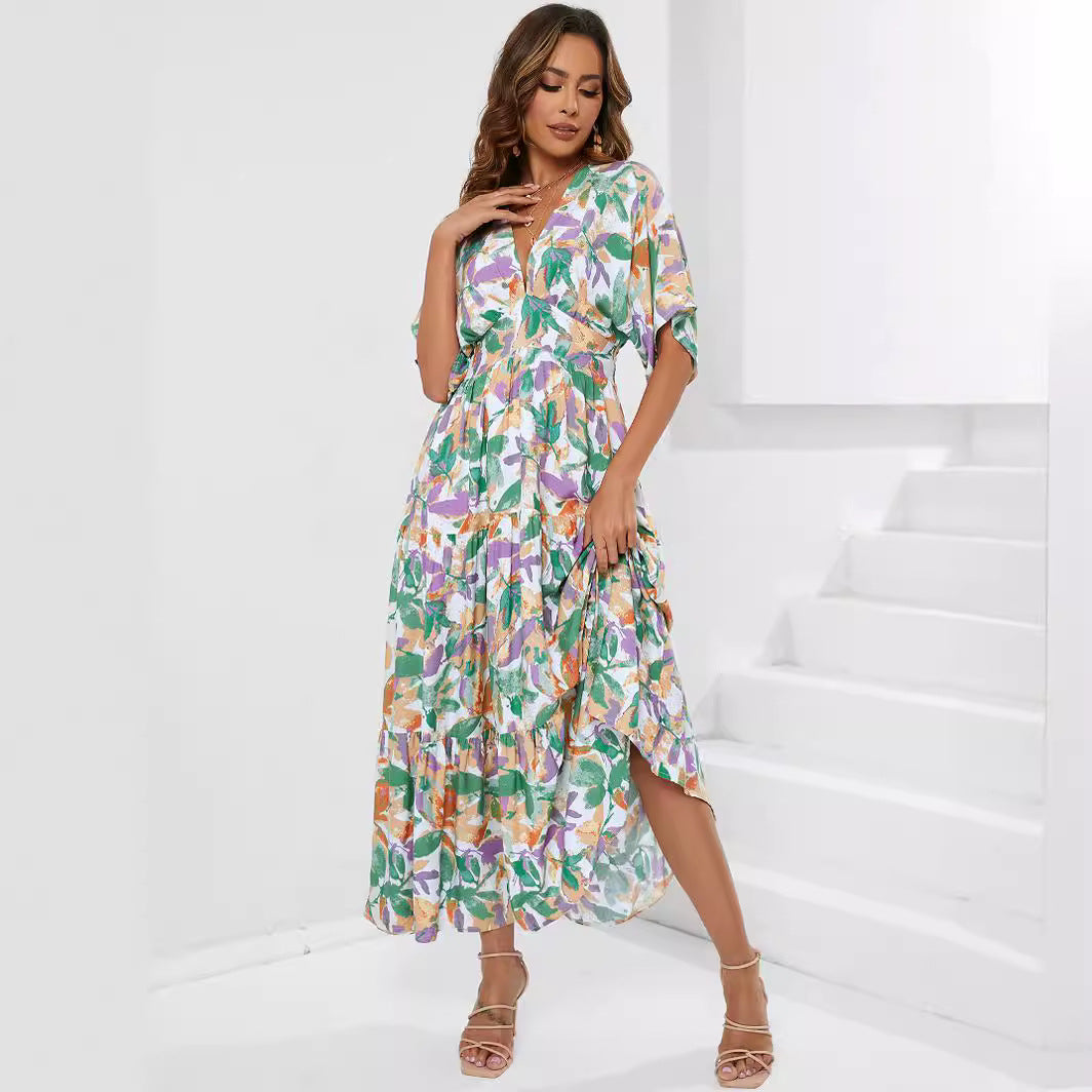 Damen Maxi-Kleid mit V-Ausschnitt und floralen Mustern R&B