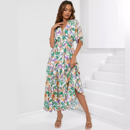 Damen Maxi-Kleid mit V-Ausschnitt und floralen Mustern R&B