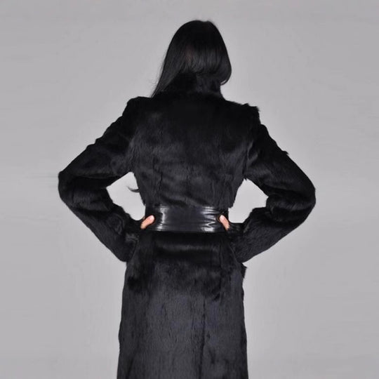 Damen Eleganter Kunstpelzmantel mit breitem Gürtel und edlem Reverskragen R&B