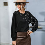 Damen modisches Sweatshirt mit eleganten Perlenakzenten und Puffärmeln