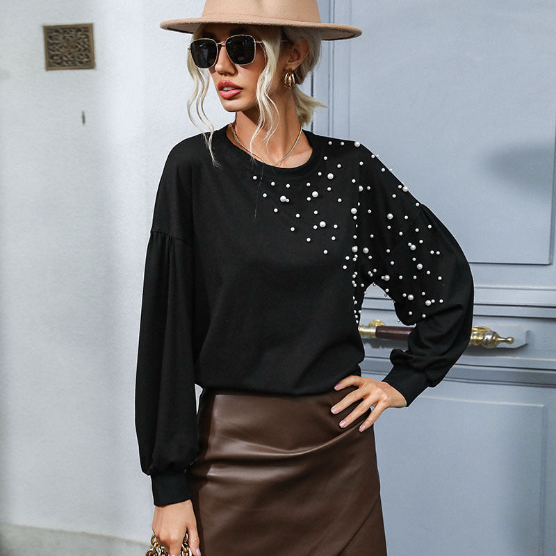 Damen modisches Sweatshirt mit eleganten Perlenakzenten und Puffärmeln