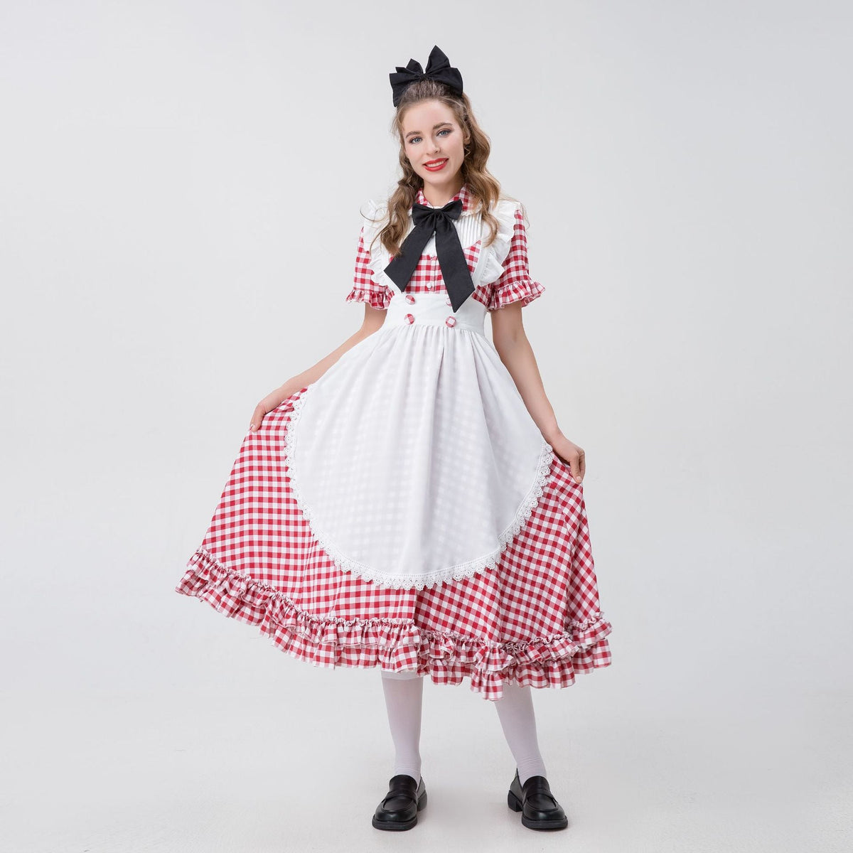 Damen nan Vintage-inspiriertes Karo-Swingkleid mit abnehmbarer Schürze, Rüschenärmeln und Schleifenkragen R&B