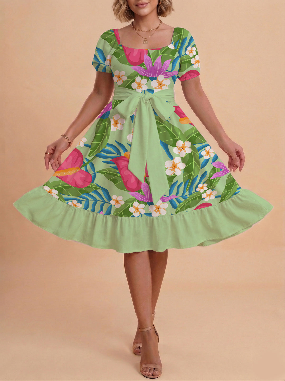 Damen Sommerkleid mit floralem Puffärmel und taillierbarem Gürtel R&B