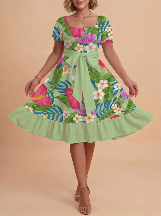 Damen Sommerkleid mit floralem Puffärmel und taillierbarem Gürtel R&B