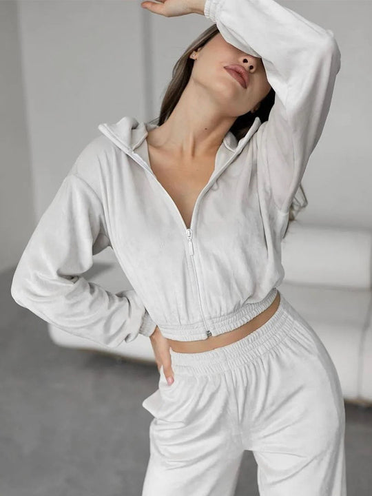 Damen Freizeit-Loungewear-Set aus samtigem Material mit hohem Kragen und Reißverschluss R&B