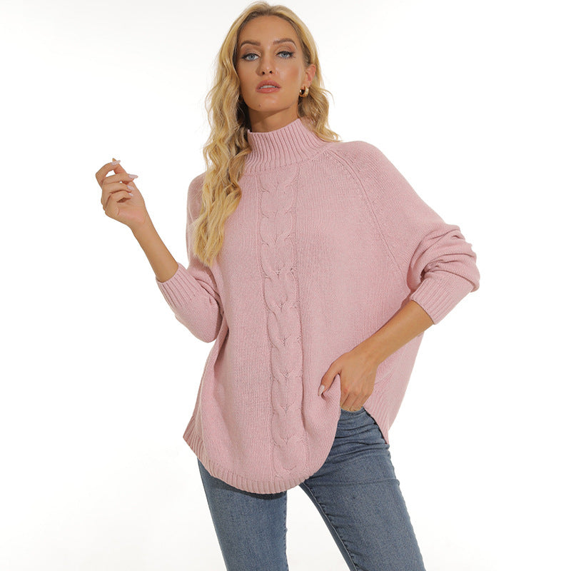 Damen gemütlicher Strickpullover mit hochgeschlossenem Kragen und modischem Zopfmuster R&B