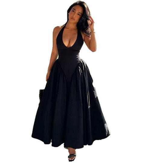 Damen nan figurschmeichelndes Neckholder-Bustier-Midikleid mit taillierter Miederform und weitem Tellerrock R&B