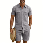 Herren nan sommerliches Freizeitset aus Baumwoll-Leinenmix mit Kurzarm-Hemd und Cargo-Shorts R&B