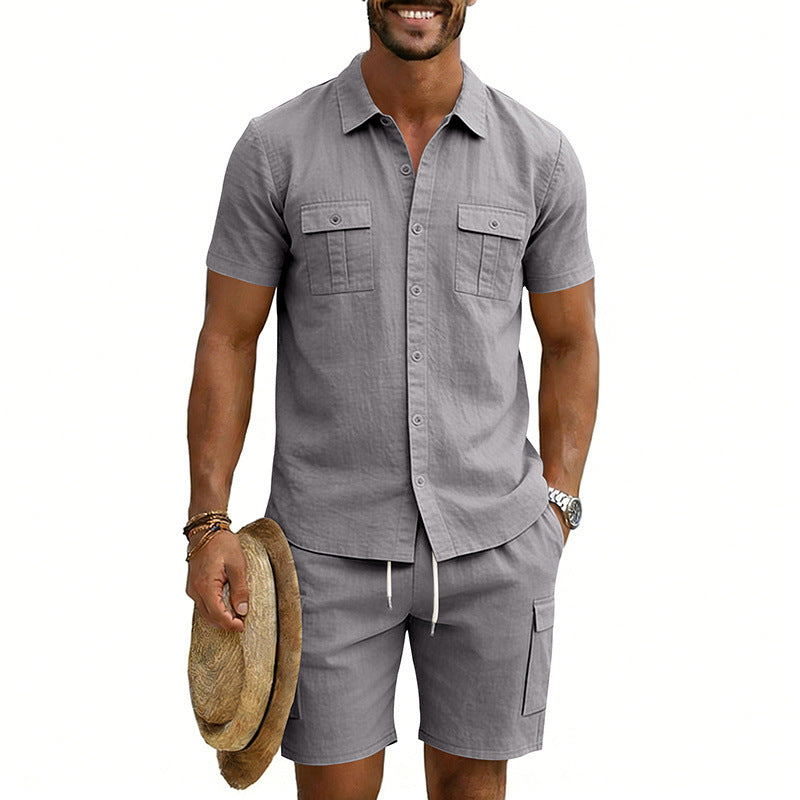 Herren nan sommerliches Freizeitset aus Baumwoll-Leinenmix mit Kurzarm-Hemd und Cargo-Shorts R&B