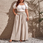 Damen weite Leinenhose mit elastischem Bund und seitlichen Taschen R&B