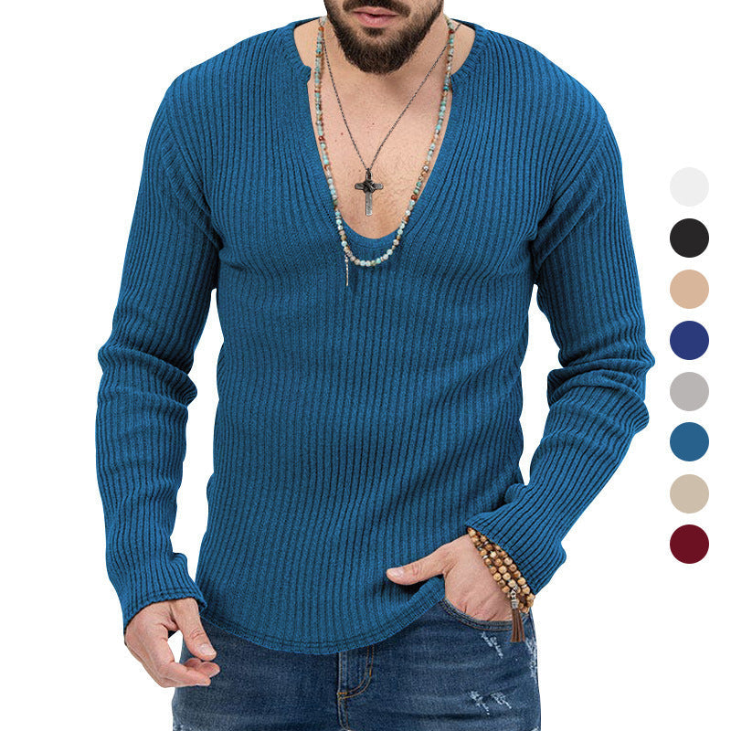 Herren Langarm-Rippenpullover mit tiefem V-Ausschnitt und modernem Schnitt R&B