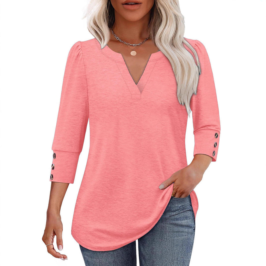 Damen V-Ausschnitt Bluse mit dekorativen Knopfdetails R&B