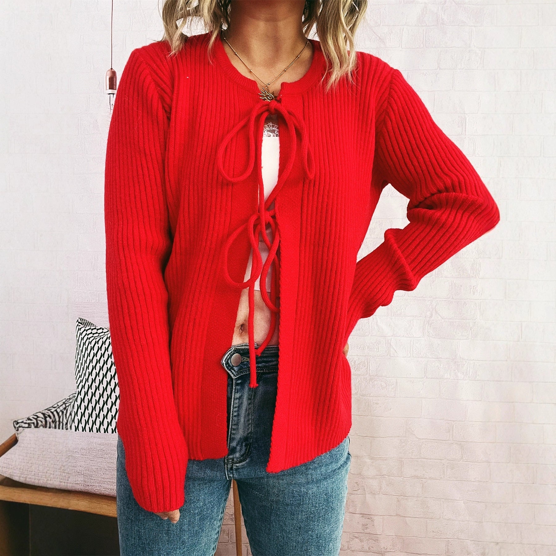 Damen Strickjacke mit dekorativem Schnürdesign und strukturiertem Material R&B