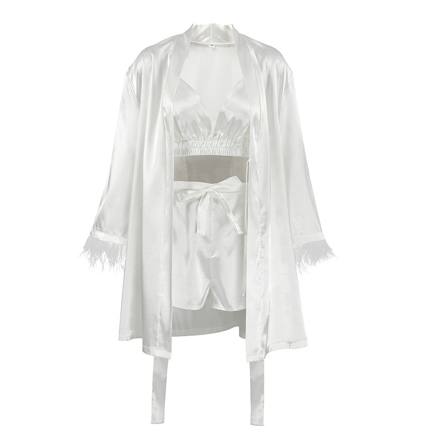 Damen luxuriöses Satin-Loungewear-Set mit eleganten Rüschendetails und Atmungsaktiven Shorts R&B