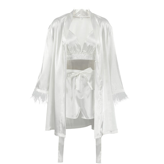 Damen luxuriöses Satin-Loungewear-Set mit eleganten Rüschendetails und Atmungsaktiven Shorts R&B