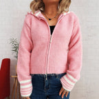 Damen kuschelige Strickjacke mit stilvollem Reißverschluss und modischen Streifen R&B