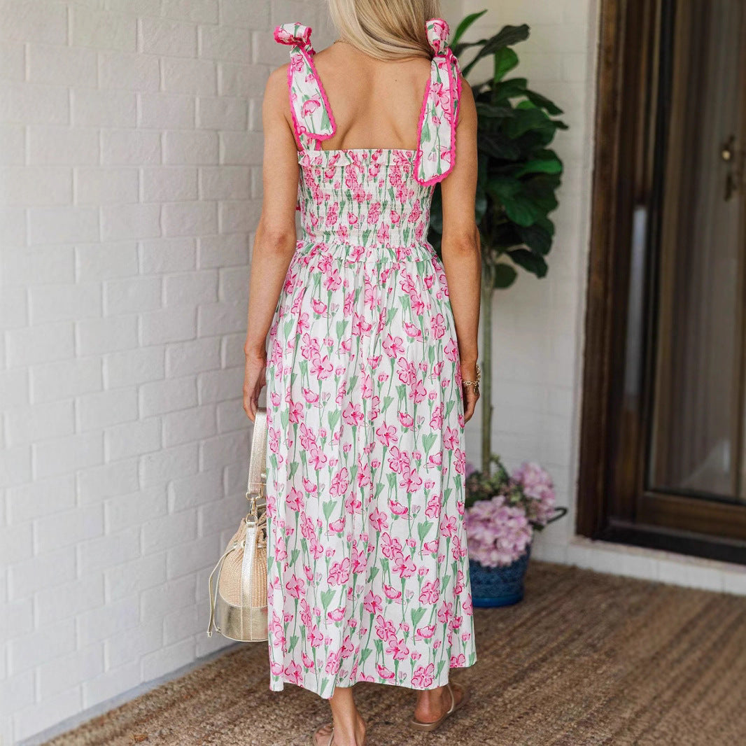 Damen Sommerkleid mit Raffung und schulterlangen BindR&Bändern R&B