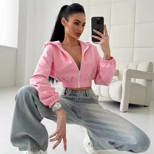 Damen lässiger Cropped Hoodie mit praktischem Reißverschluss und elastischem Bund R&B