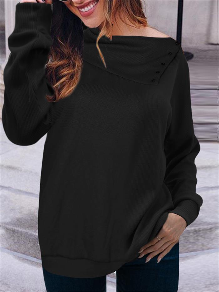 Damen eleganter Oversized Pullover mit asymmetrischem Halsausschnitt und Knopfdetails R&B