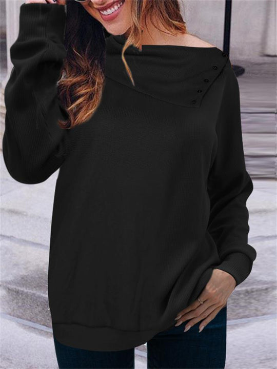 Damen eleganter Oversized Pullover mit asymmetrischem Halsausschnitt und Knopfdetails R&B