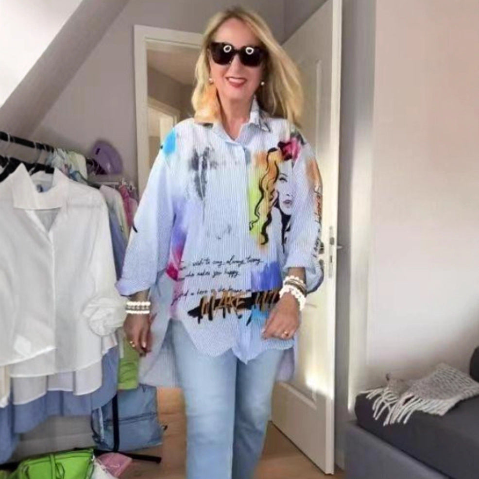 Damen nan kunstvoll bedruckte weit geschnittene Hemdbluse mit Popartmotiv und Nadelstreifen R&B