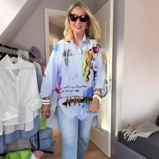 Damen nan kunstvoll bedruckte weit geschnittene Hemdbluse mit Popartmotiv und Nadelstreifen R&B