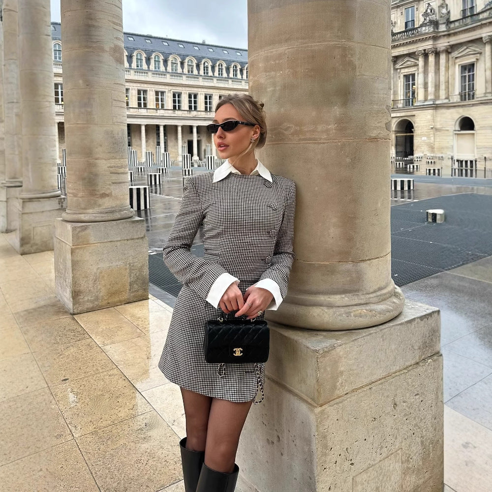 Damen Karomuster Blusenjacke mit Schalkragen und Knopfdetails R&B