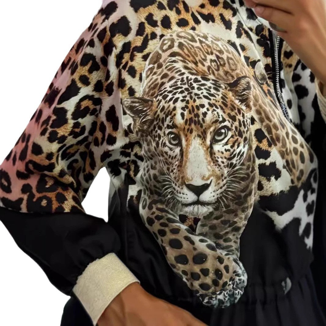 Damen entspannte Bomberjacke mit extravagantem Leoparden-Motiv R&B