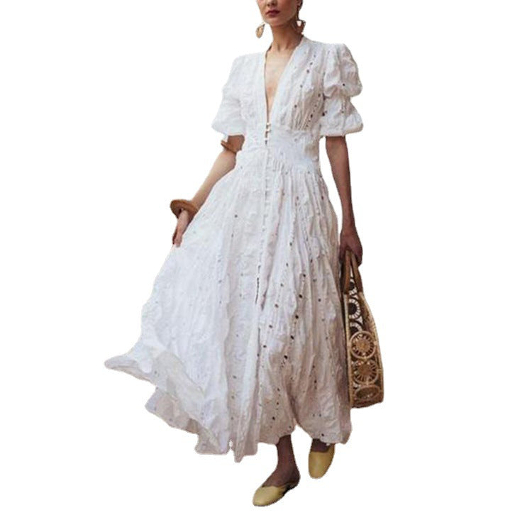 Damen Maxi-Kleid mit voluminösen Puffärmeln und detailreicher Faltenoptik R&B