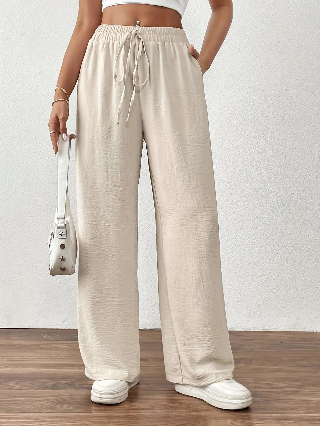 Damen Sommerliche Palazzo-Hose mit elastischem Bund und Bindegürtel R&B