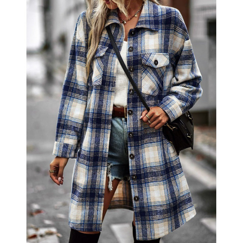 Damen Langarmhemdjacke im Karomuster mit großen Taschen R&B