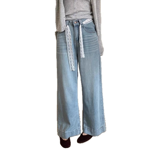 Damen Weite High-Waist Jeans mit dekorativem Kordelzug R&B