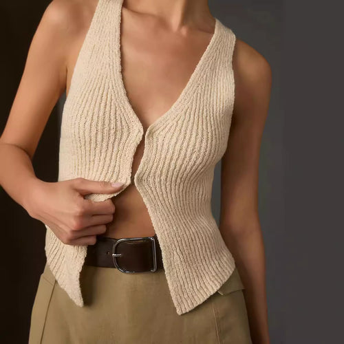 Damen lässiges Strickoberteil mit tiefem V-Ausschnitt und Knopfdetails R&B