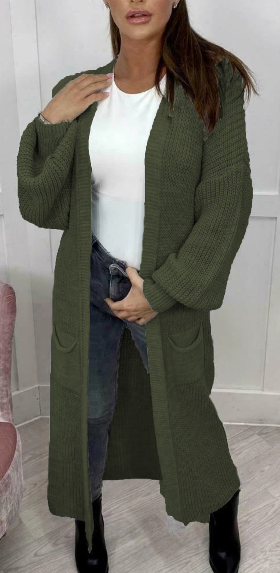 Damen Langer Strickcardigan mit strukturierter Maschenoptik und praktischen Taschen R&B