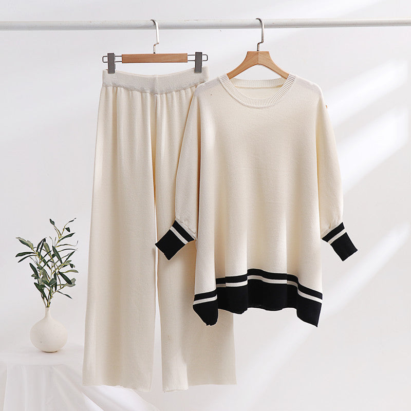 Damen lässiges Strick-Loungewear-Set mit modischem Kontrastsaum und weitem Schnitt R&B