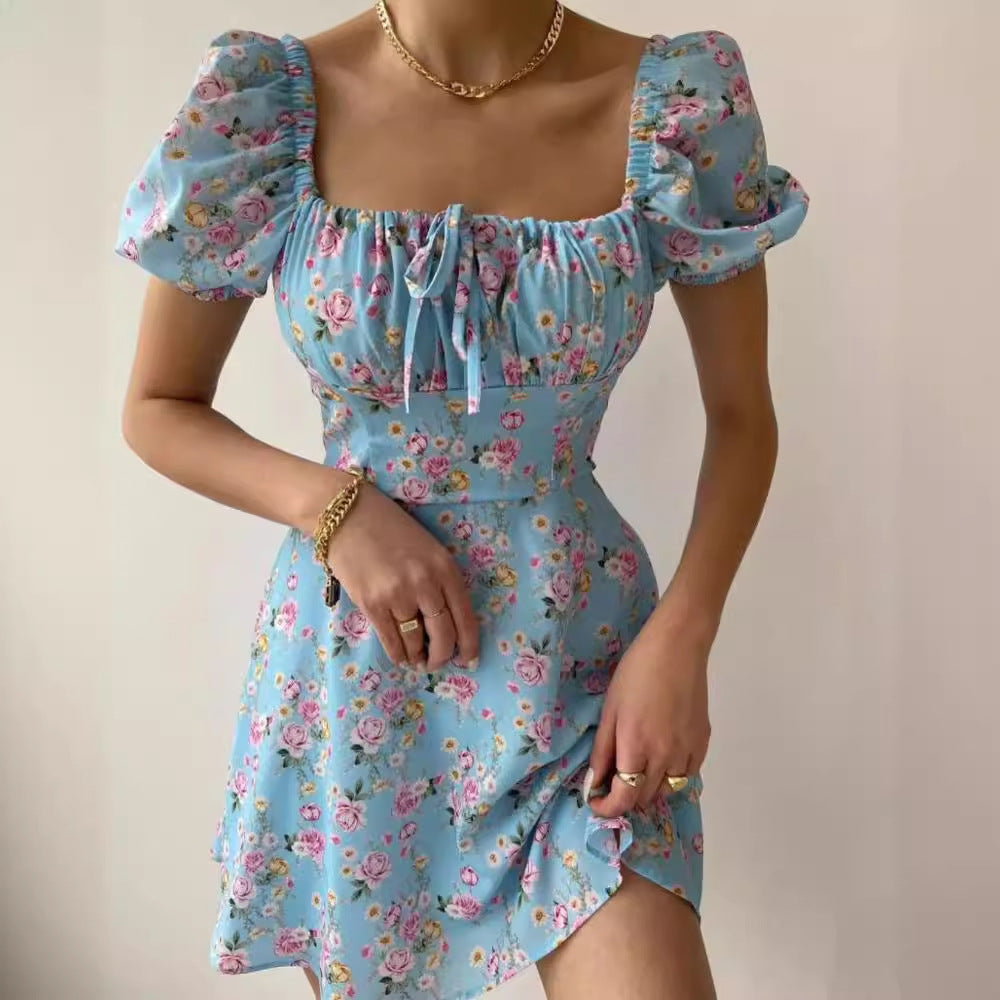 Damen Minikleid mit voluminösen Puffärmeln und floralem Muster R&B