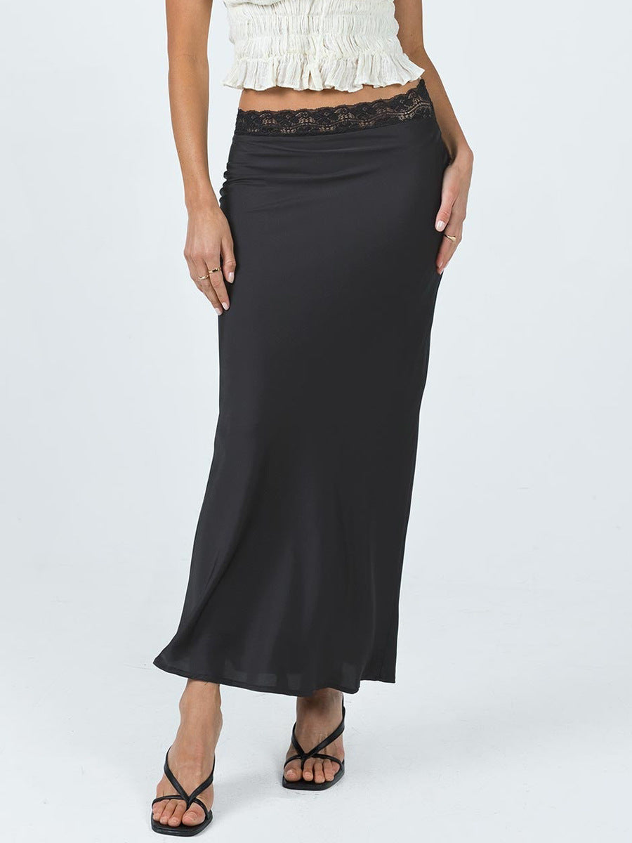 Damen eleganter Satin-Rock mit Spitzenbund R&B