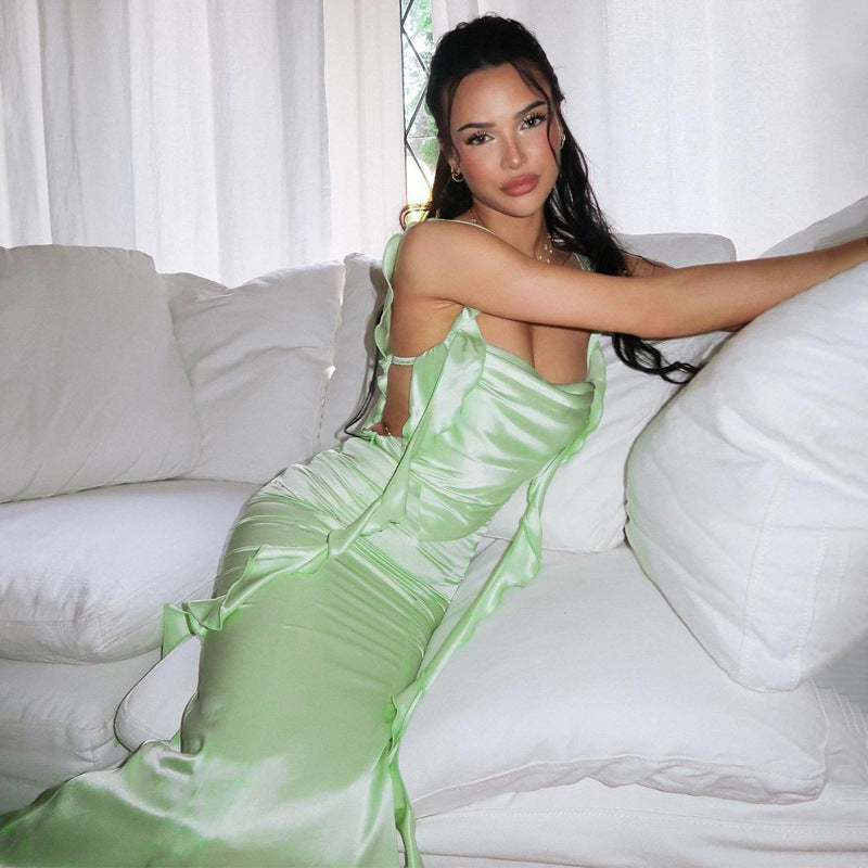 Damen Elegantes Maxikleid mit drapierter Vorderseite und Rüschendetails R&B