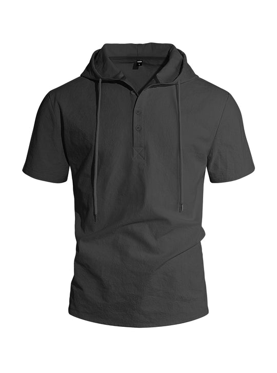 Herren nan kurzärmeliges Kapuzen-Henley aus Slub-Baumwolle mit verdeckter Knopfleiste und Kordelzug R&B