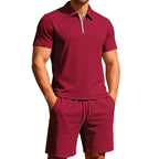 Herren nan komfortables Lounge-Zweiteiler aus strukturierter Baumwollmischung mit Halbzip-Poloshirt und Kordel-Shorts R&B
