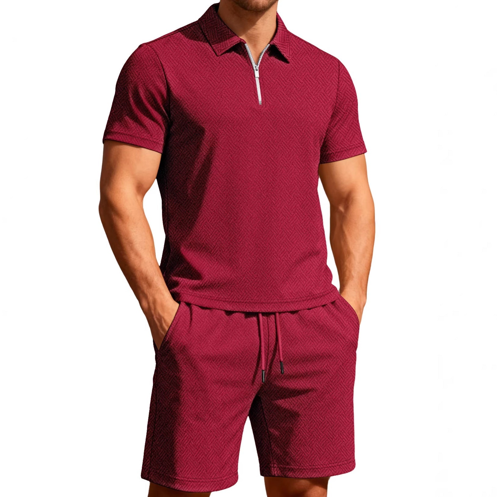 Herren nan komfortables Lounge-Zweiteiler aus strukturierter Baumwollmischung mit Halbzip-Poloshirt und Kordel-Shorts R&B