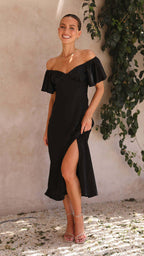 Damen elegantes Off-Shoulder Maxikleid mit seitlichem Schlitz und luftigen Rüschendetails R&B