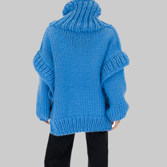 Damen Lockerer Strickpullover mit voluminösen Ärmeln und hohem Kragen R&B