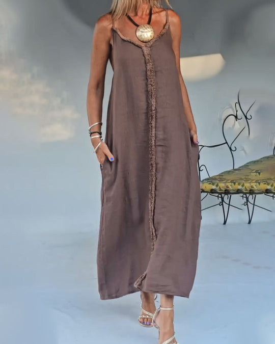 Damen nan luftiges Leinenoptik-Maxi-Trägerkleid mit fransiger Mittelnaht und Eingrifftaschen R&B